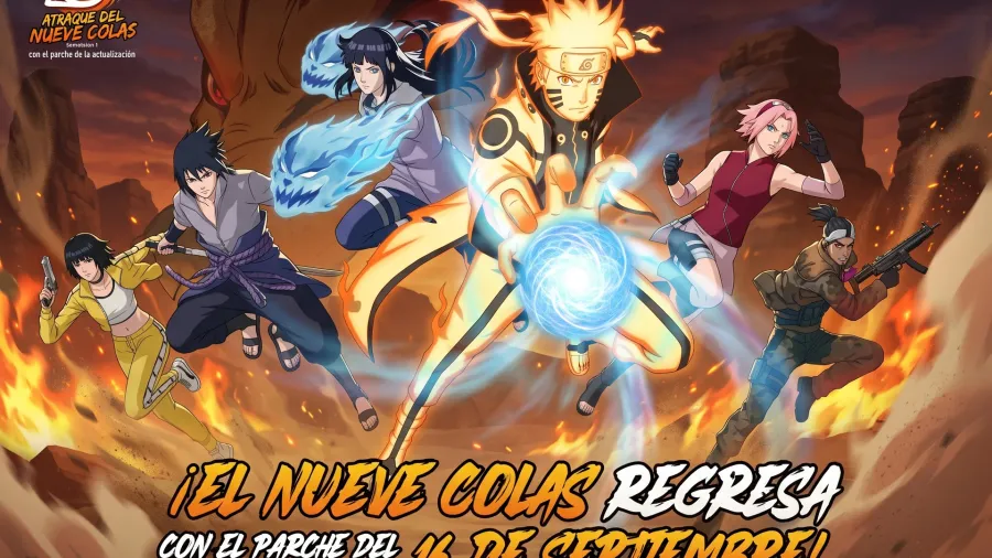 Promoción de Free Fire y Naruto Shippuden con personajes en acción.