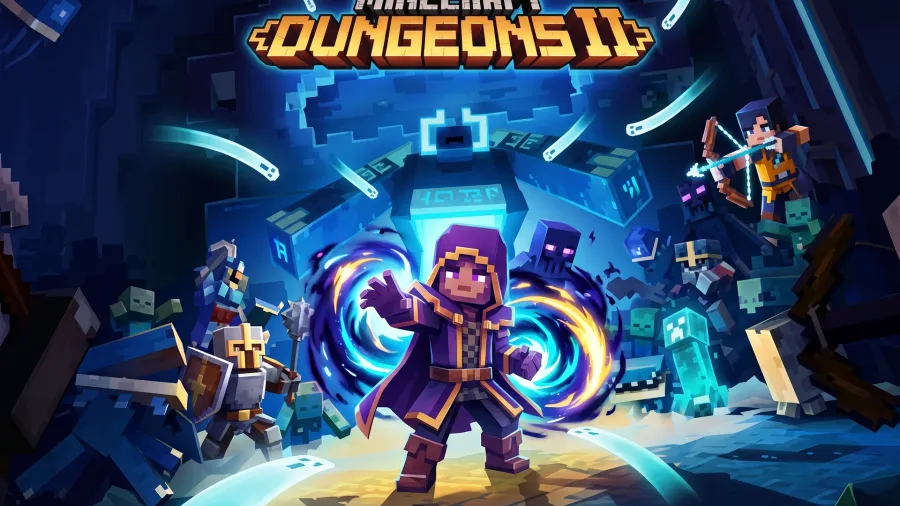 Ilustración promocional de Minecraft Dungeons II con personajes en combate.
