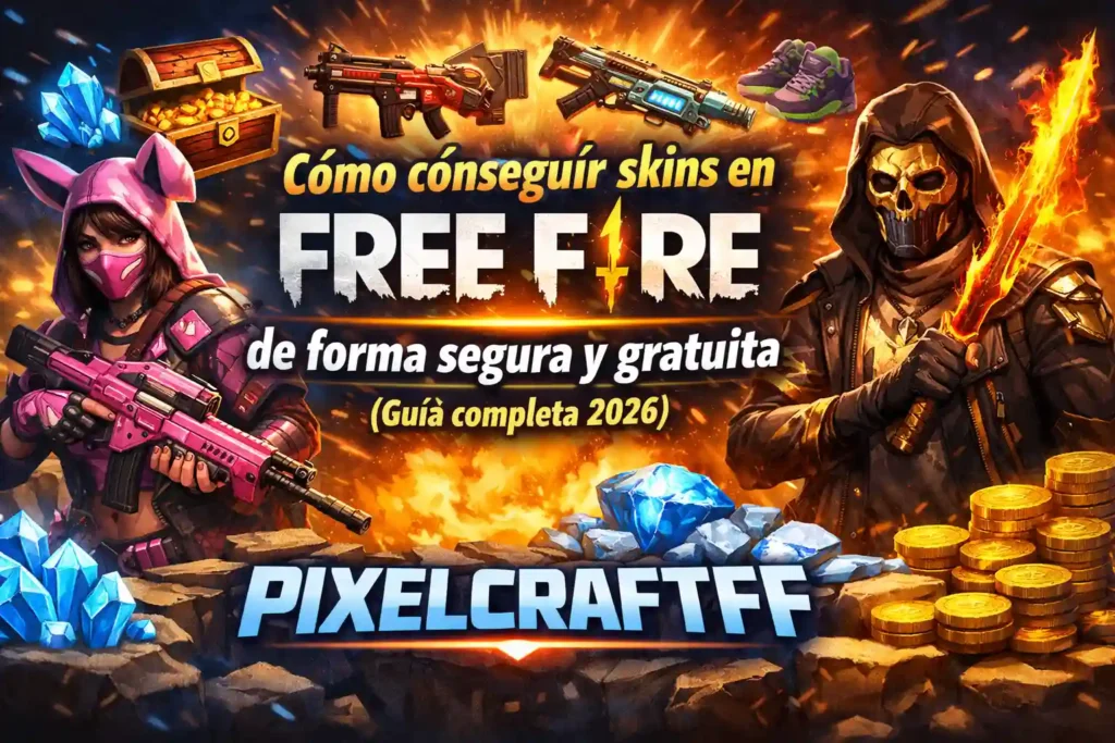 Personajes de Free Fire con skins de armas y objetos exclusivos junto a recompensas como monedas y diamantes del juego