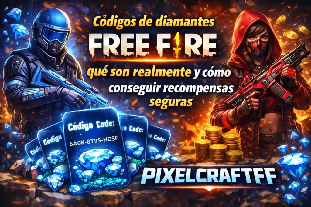 Códigos de diamantes en Free Fire con tarjetas de recompensa, personajes armados y monedas del juego