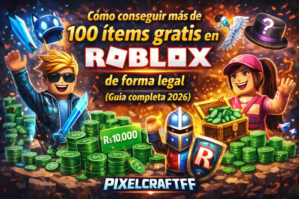 Personajes de Roblox rodeados de monedas y objetos gratis con guía para conseguir ítems gratuitos de forma legal