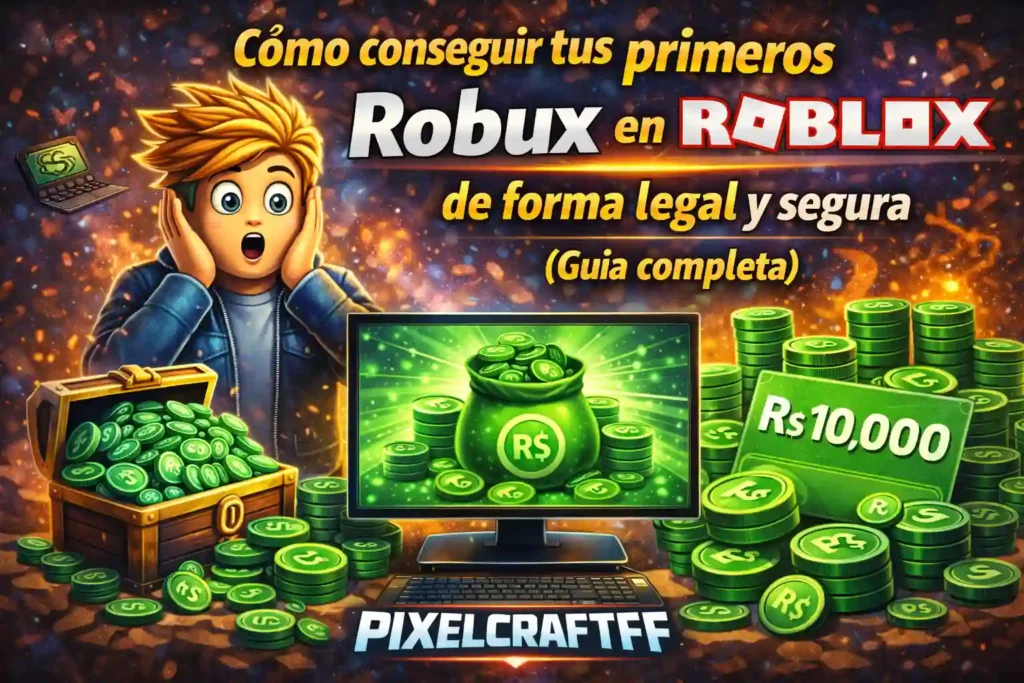 Guía para conseguir Robux en Roblox con monedas virtuales, cofres y personaje sorprendido frente a recompensas