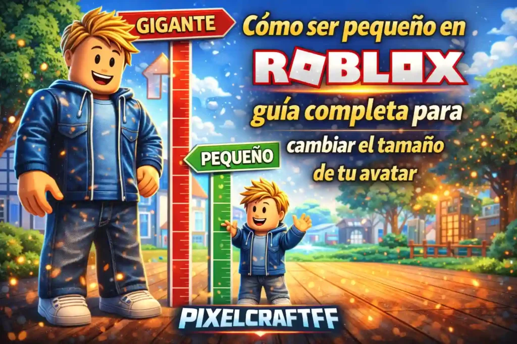 Avatar de Roblox mostrando cambio de tamaño de grande a pequeño con guía para modificar el tamaño del personaje