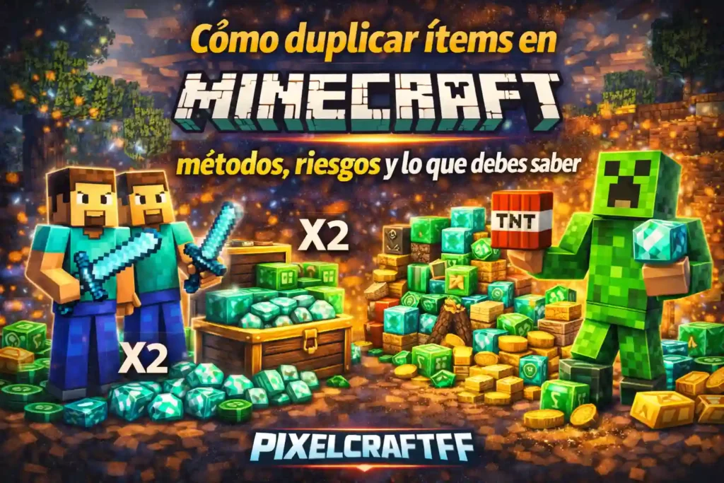 Personajes de Minecraft con cofres llenos de recursos duplicados, diamantes y bloques mostrando duplicación de ítems en el juego