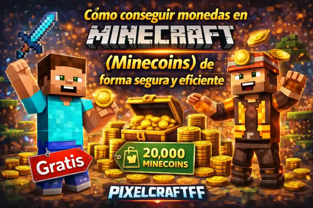 Personajes de Minecraft con monedas Minecoins, cofres llenos de oro y guía para conseguir monedas dentro del juego
