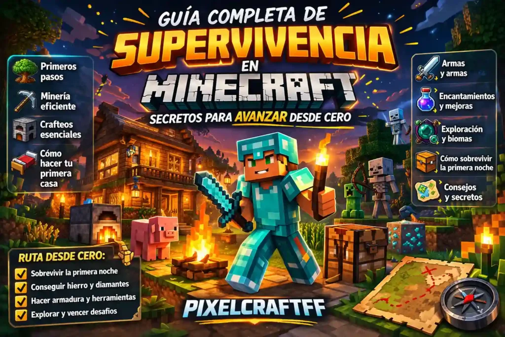 Guía de supervivencia en Minecraft con personaje equipado, casa inicial, herramientas y consejos para empezar desde cero