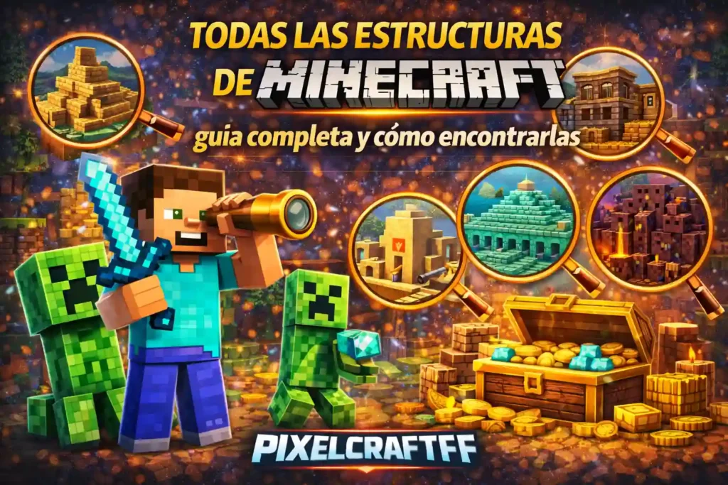 Estructuras de Minecraft como templos, aldeas y monumentos con personaje explorando y cofre con tesoros