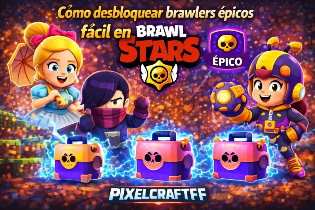 Personajes de Brawl Stars con cajas de recompensas mostrando cómo desbloquear brawlers épicos en el juego