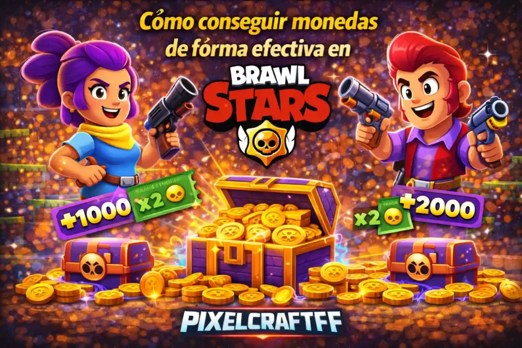 Personajes de Brawl Stars con cofres llenos de monedas y recompensas mostrando cómo ganar monedas en el juego