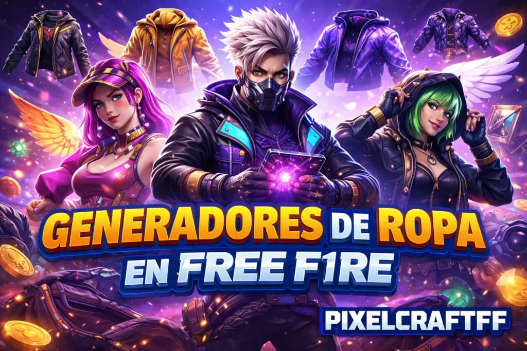 Personajes de Free Fire con ropa personalizada y skins llamativas junto a generadores de ropa en el juego