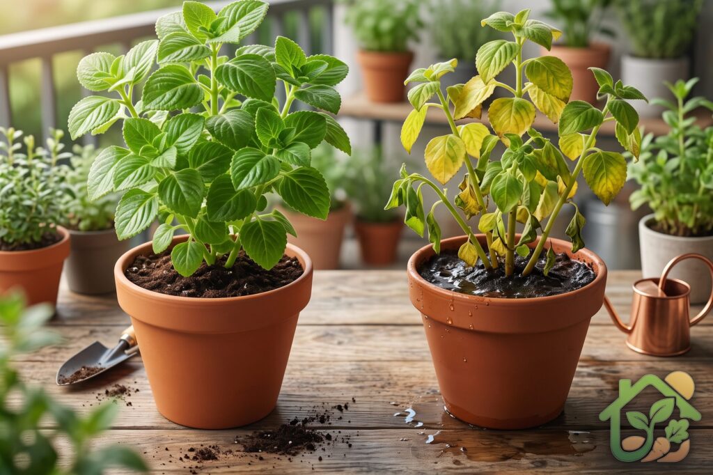 Comparación entre una planta saludable de hojas verdes y otra con hojas amarillas causadas por el exceso de riego en macetas idénticas.