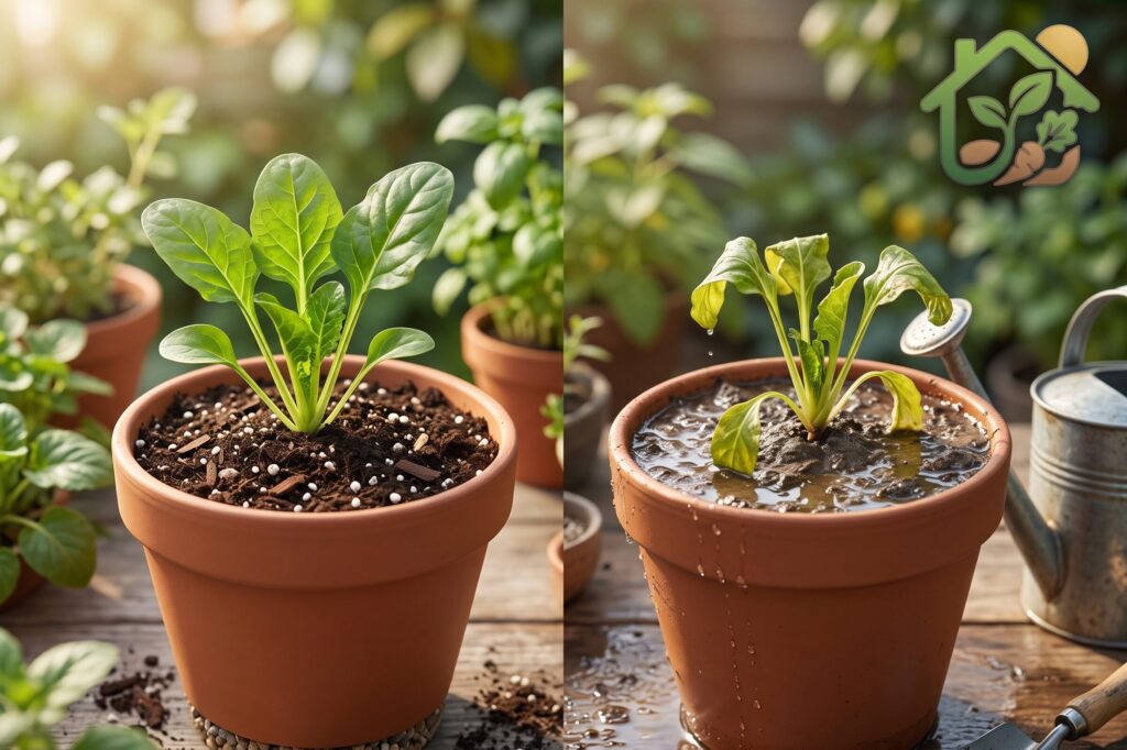 Comparación entre una maceta con tierra encharcada y otra con un sustrato bien drenado para mostrar la importancia del drenaje en las plantas.