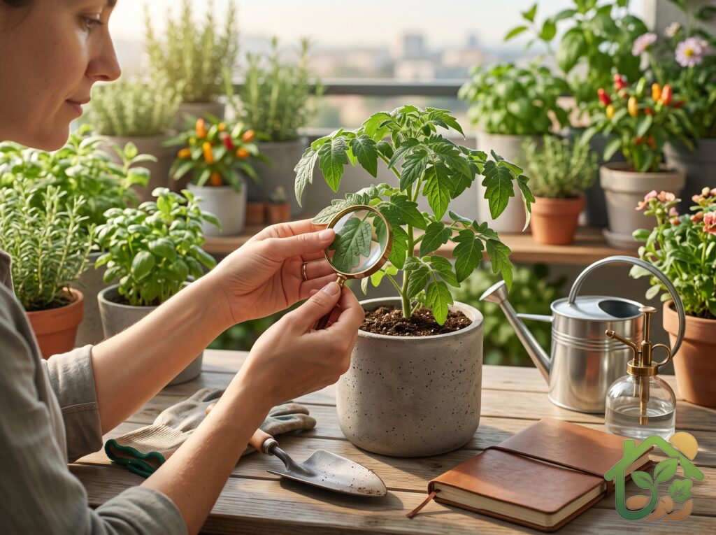 Persona inspeccionando cuidadosamente las hojas de una planta en maceta para detectar plagas, enfermedades o problemas de salud.