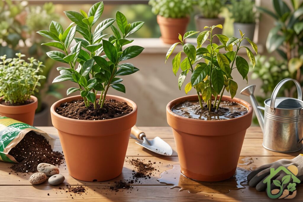 Comparación entre una maceta con tierra encharcada y otra con un sustrato correctamente drenado para mostrar la importancia del drenaje en las plantas.