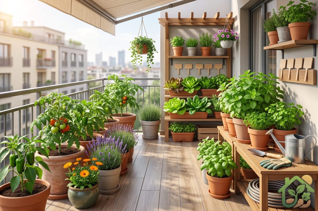 Macetas con diferentes plantas organizadas en un balcón con zonas de sol y sombra para favorecer un crecimiento saludable.