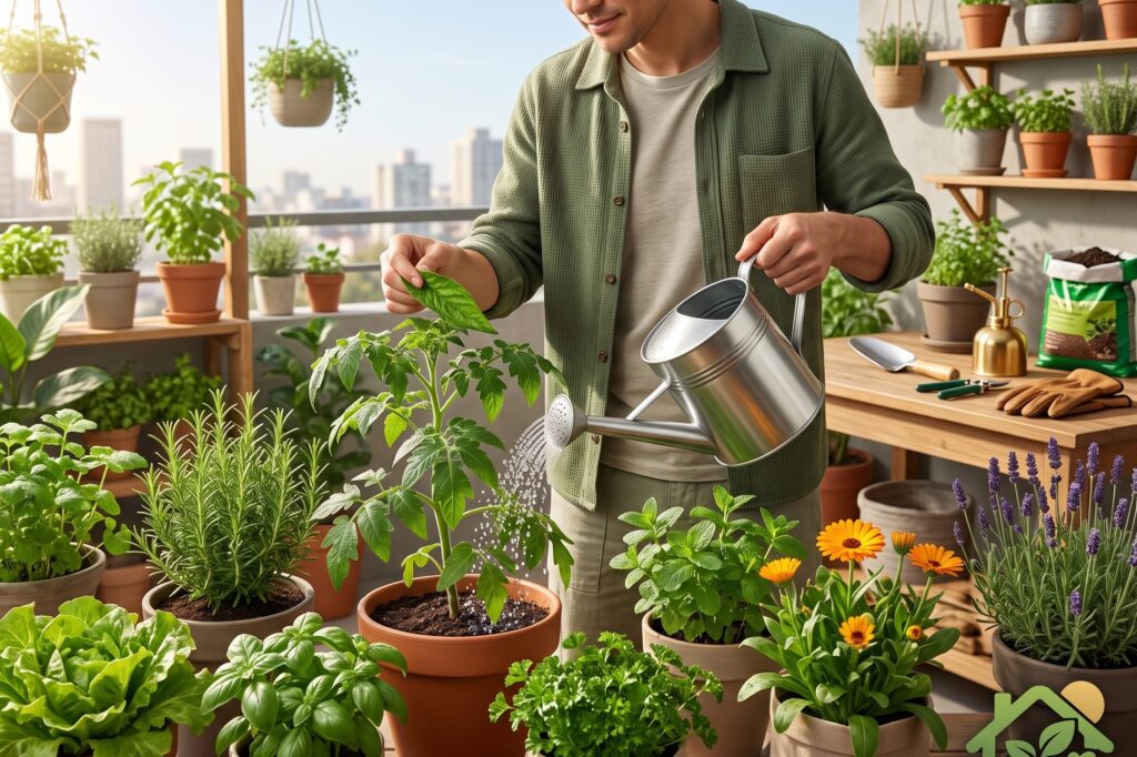 Persona regando varias plantas en macetas mientras revisa cuidadosamente el estado de las hojas para mantener una huerta urbana saludable.