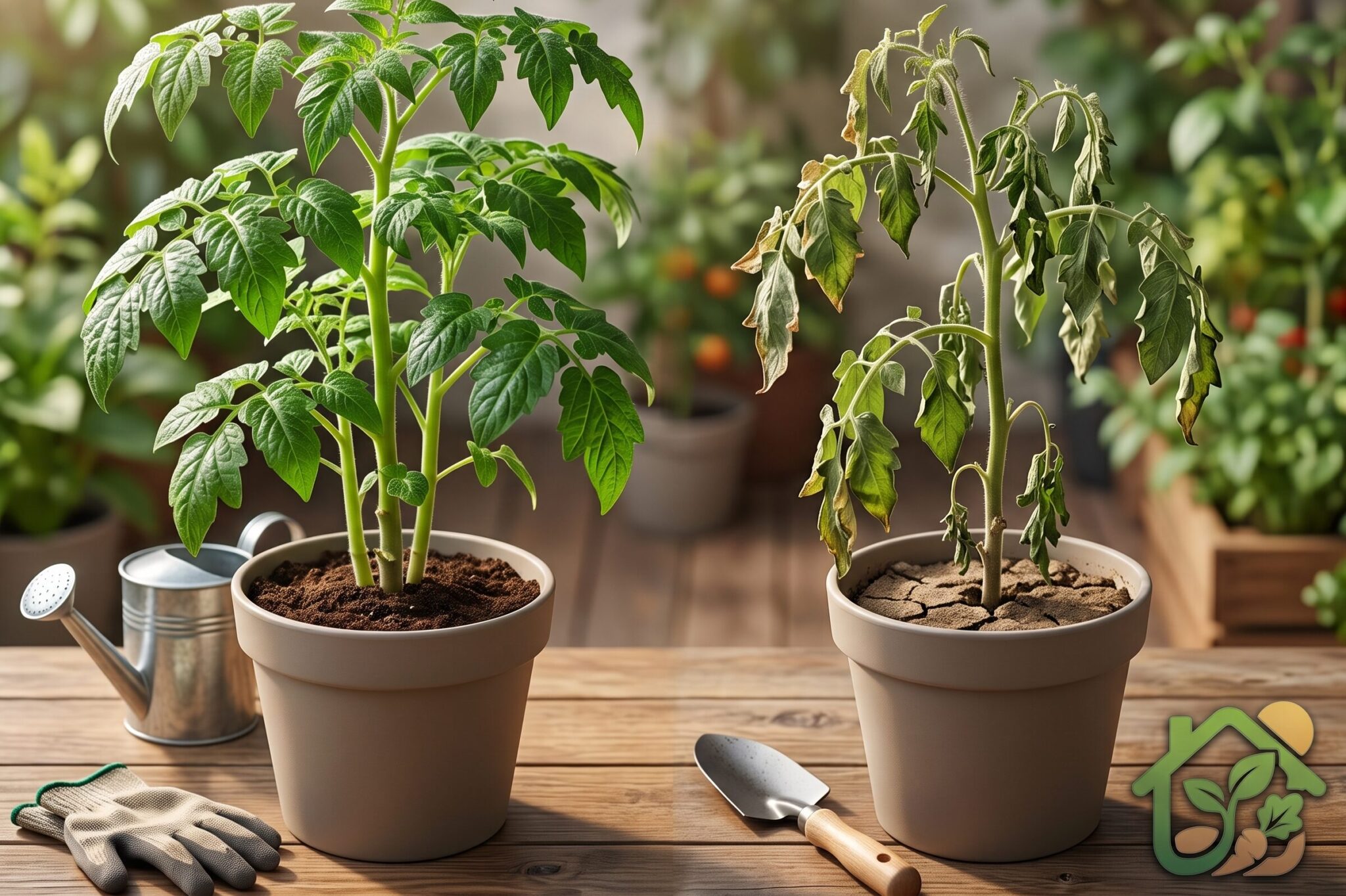 Comparación entre una planta saludable de hojas verdes y otra marchita con hojas caídas en macetas idénticas.