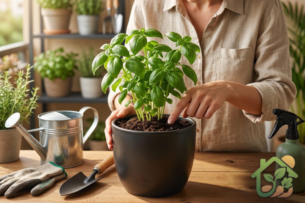 Persona comprobando la humedad del sustrato con un dedo en una maceta antes de regar una planta.