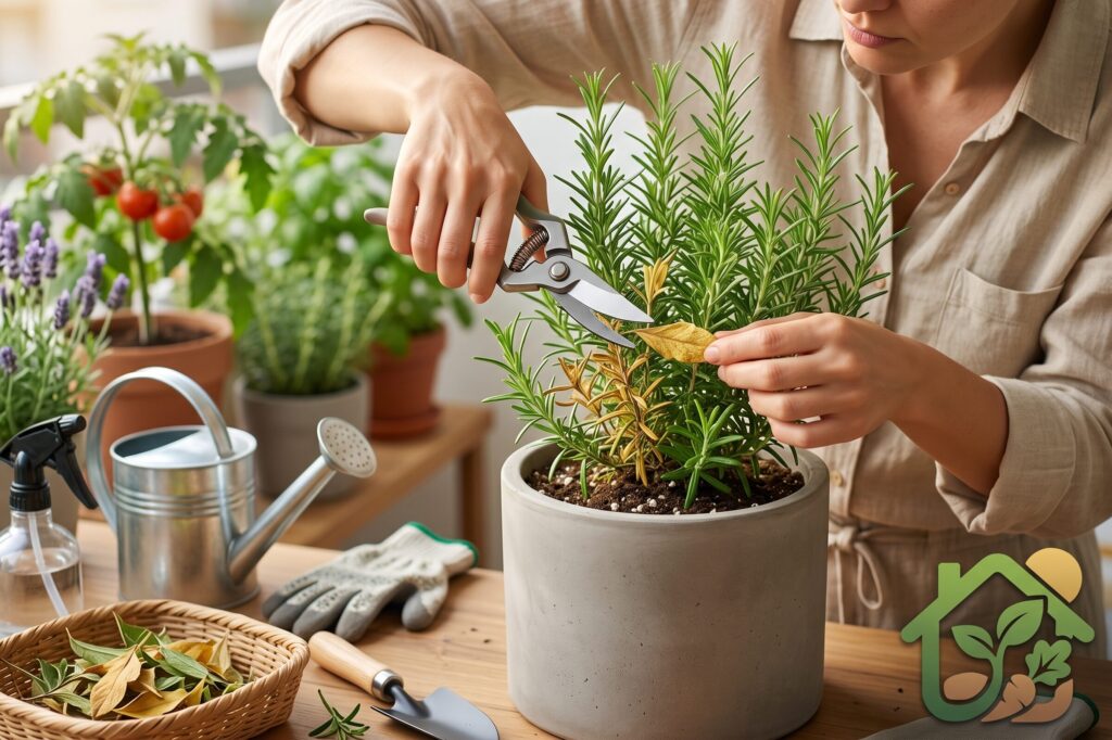 Persona retirando cuidadosamente hojas secas de una planta en maceta con unas tijeras de poda para mantenerla saludable.