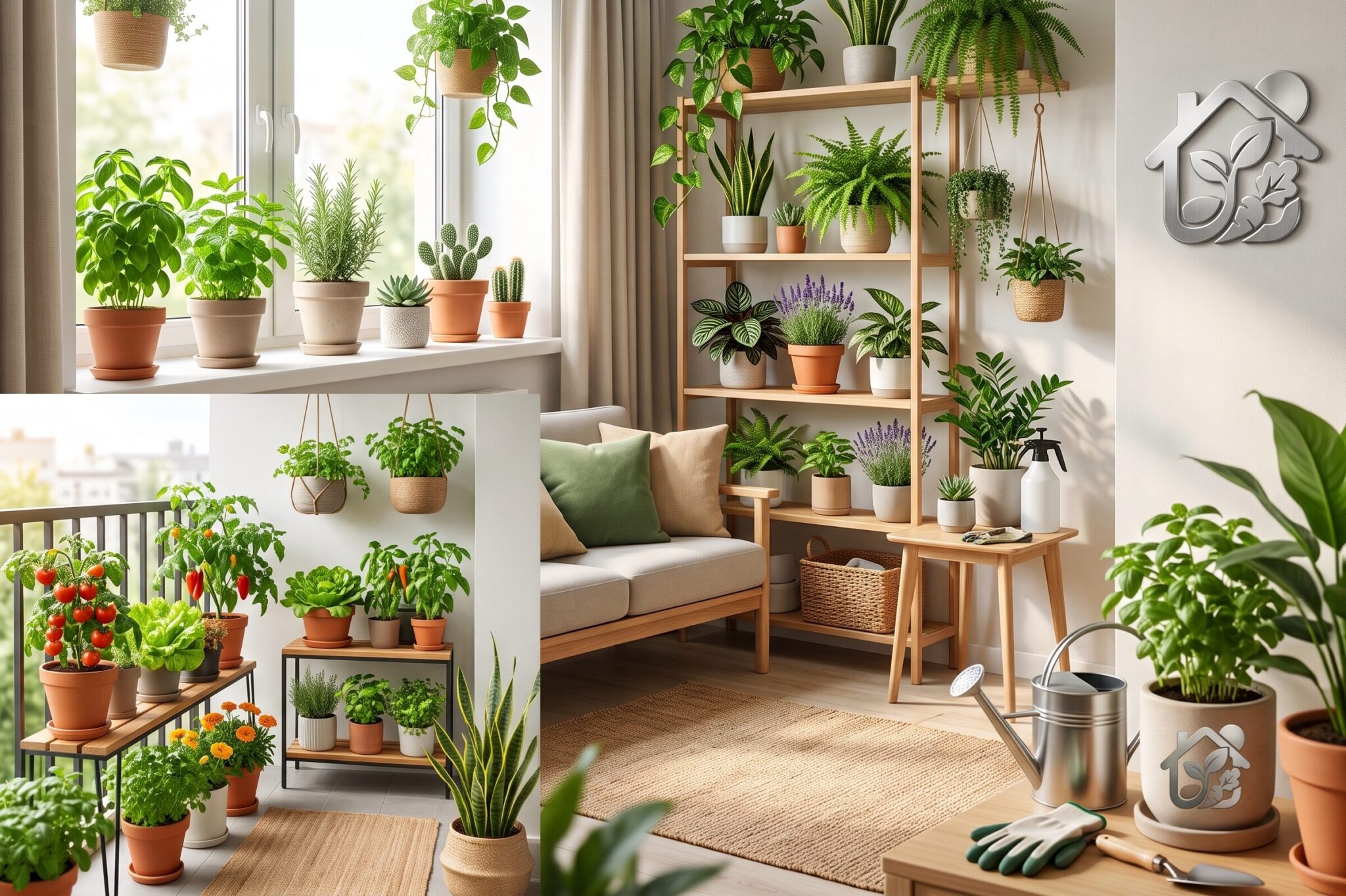 Apartamento pequeño con plantas en macetas ubicadas en una ventana, una estantería y un balcón, creando un ambiente natural y acogedor.