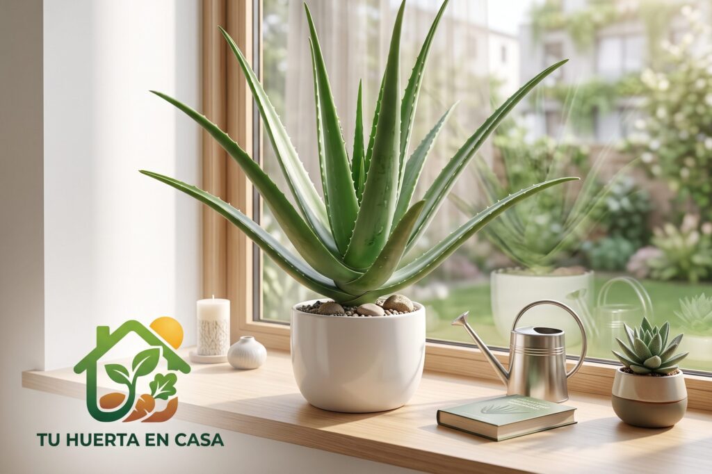 Planta de aloe vera creciendo en una maceta sobre el alféizar de una ventana con abundante luz natural dentro de un hogar.