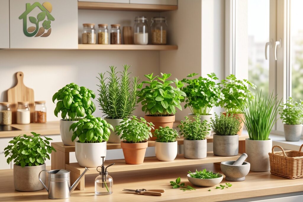 Varias plantas aromáticas creciendo en macetas sobre una repisa de cocina con abundante luz natural.