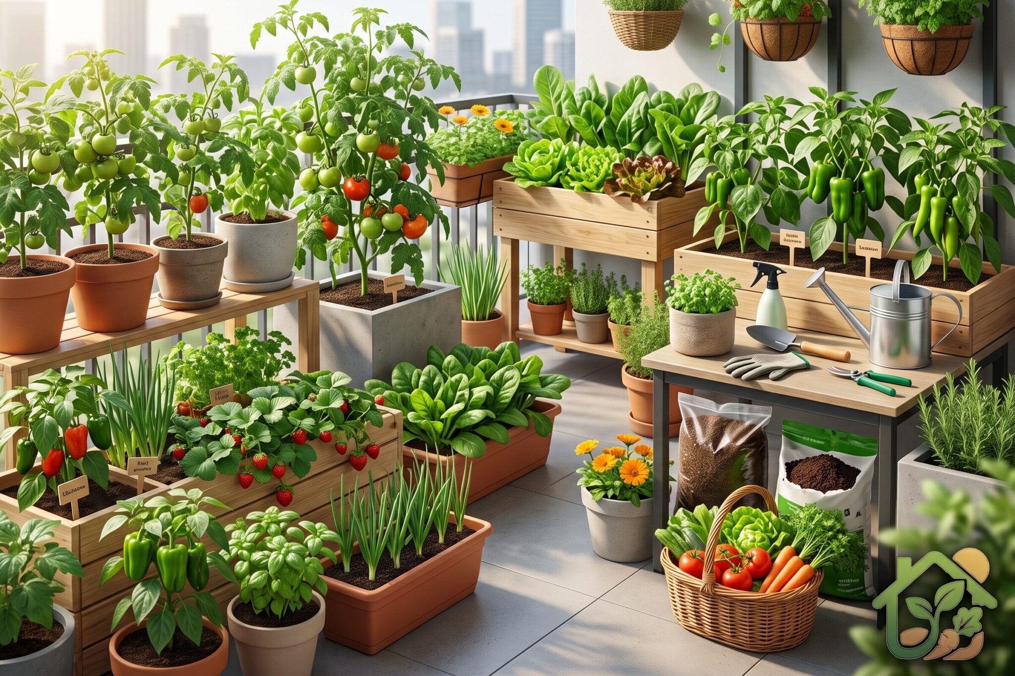 Pequeño huerto casero con hortalizas creciendo en macetas y cajones de cultivo sobre una terraza o patio.