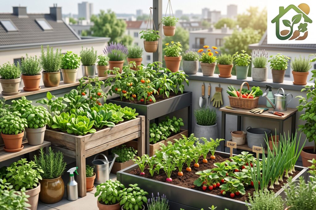 Terraza con varias macetas y mesas de cultivo recibiendo abundante luz solar para una huerta urbana saludable.