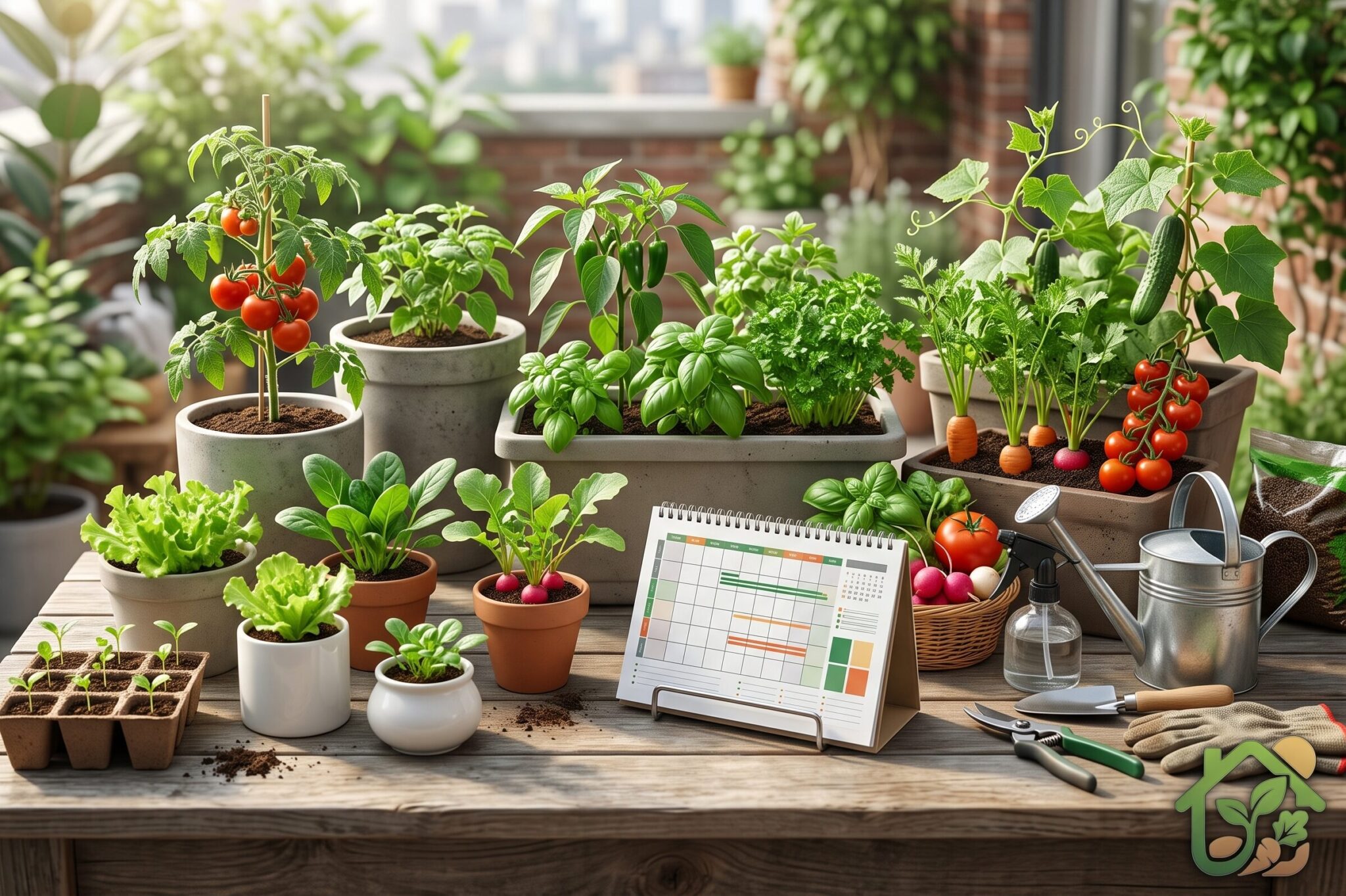 Calendario de cultivo junto a varias macetas con hortalizas en diferentes etapas de crecimiento dentro de un huerto casero.