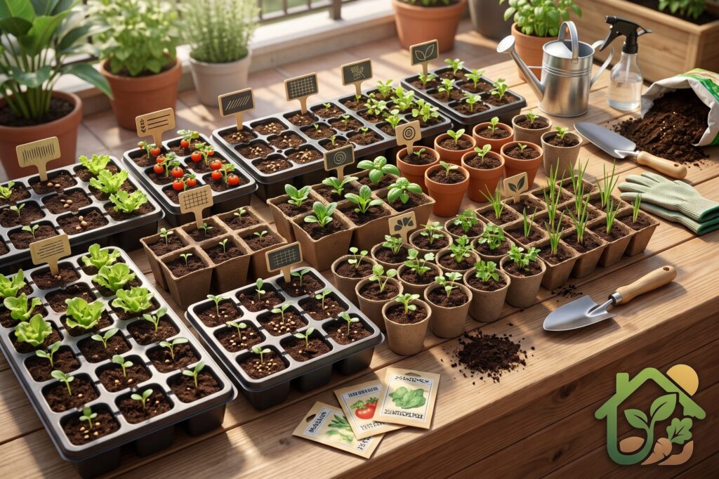 Pequeños semilleros con etiquetas identificando diferentes cultivos listos para germinar en una huerta casera.