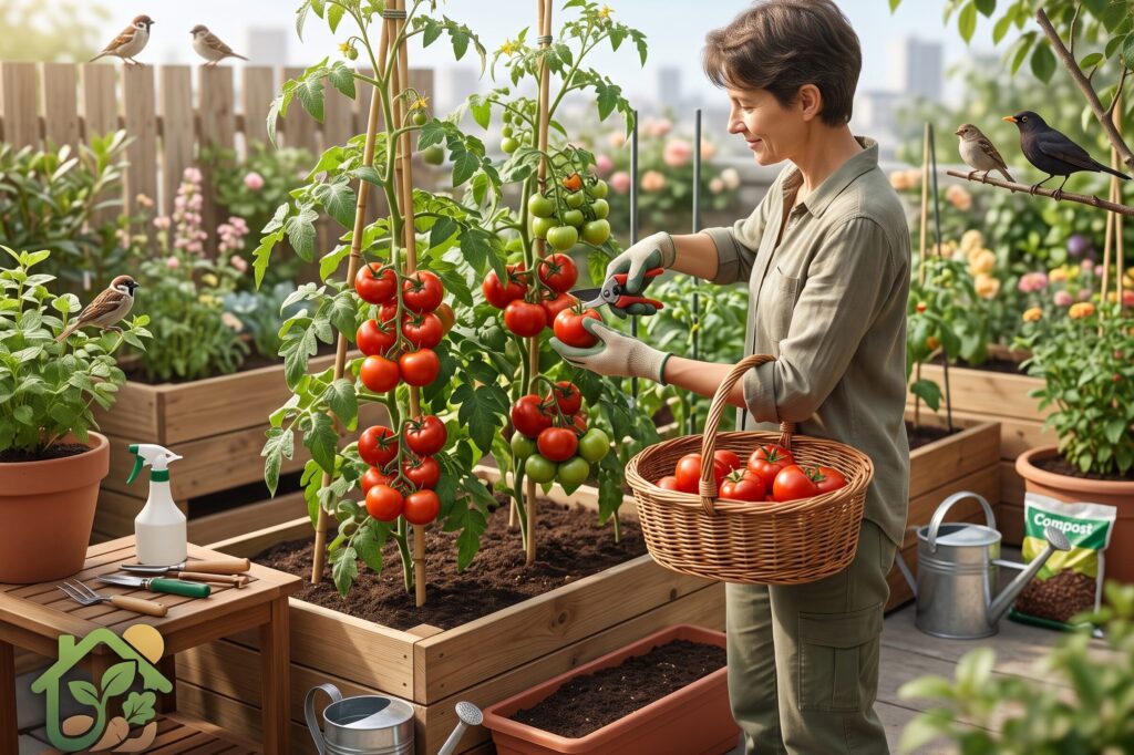 Persona cosechando tomates maduros en un huerto casero antes de que las aves puedan picotear los frutos.