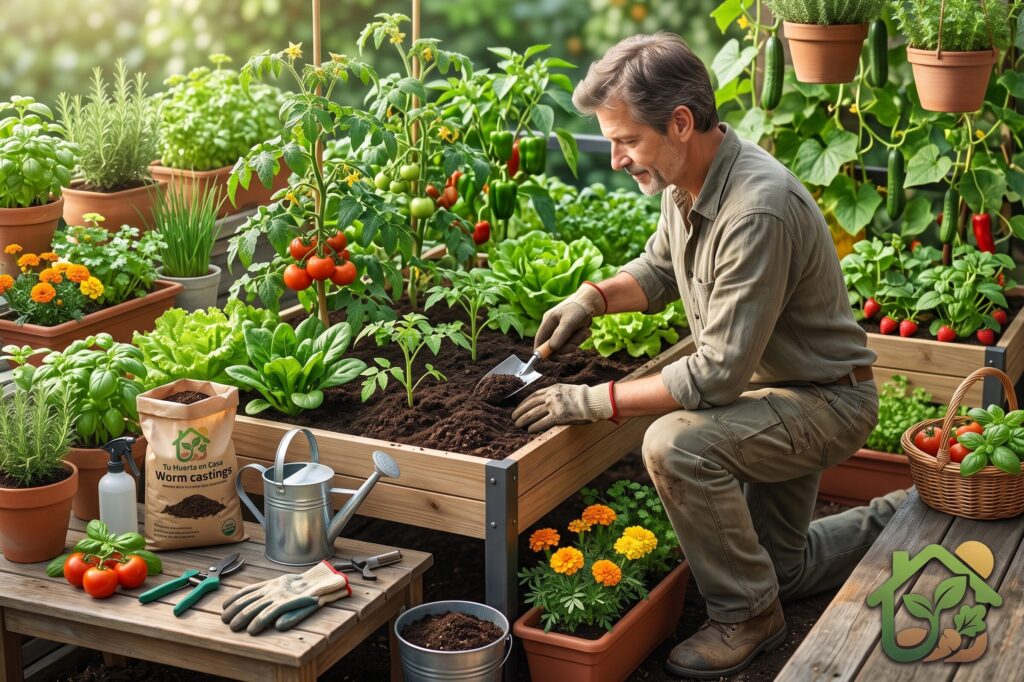 Persona añadiendo compost alrededor de varias plantas en un huerto casero bien cuidado.