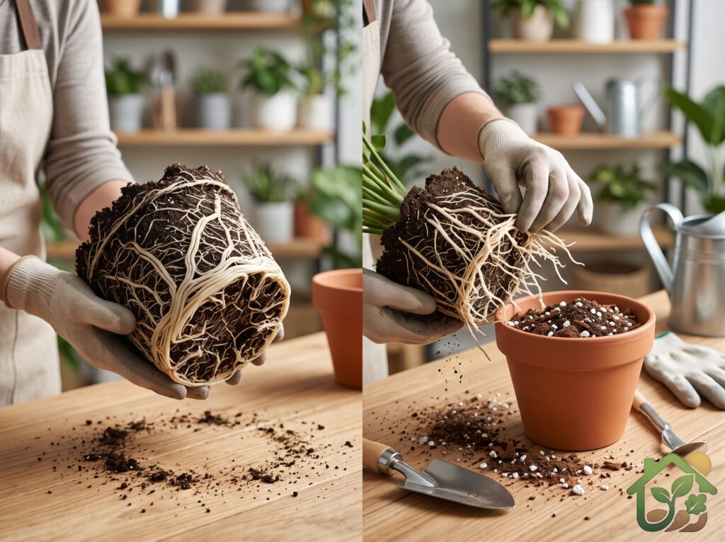 Comparación entre raíces en espiral antes y después de aflojarlas correctamente para realizar un trasplante de plantas.
