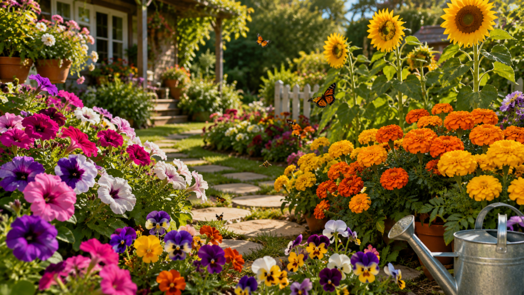 Jardín colorido con caléndulas, petunias, pensamientos y girasoles floreciendo en un entorno natural y acogedor.