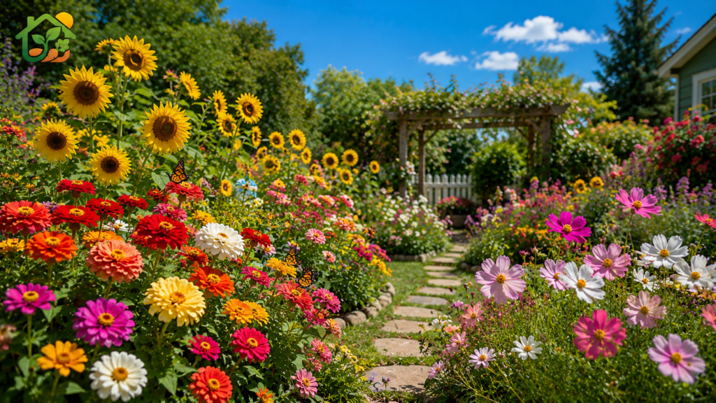 Jardín con girasoles, zinnias, cosmos y margaritas floreciendo bajo un cielo despejado y rodeado de abundante vegetación.
