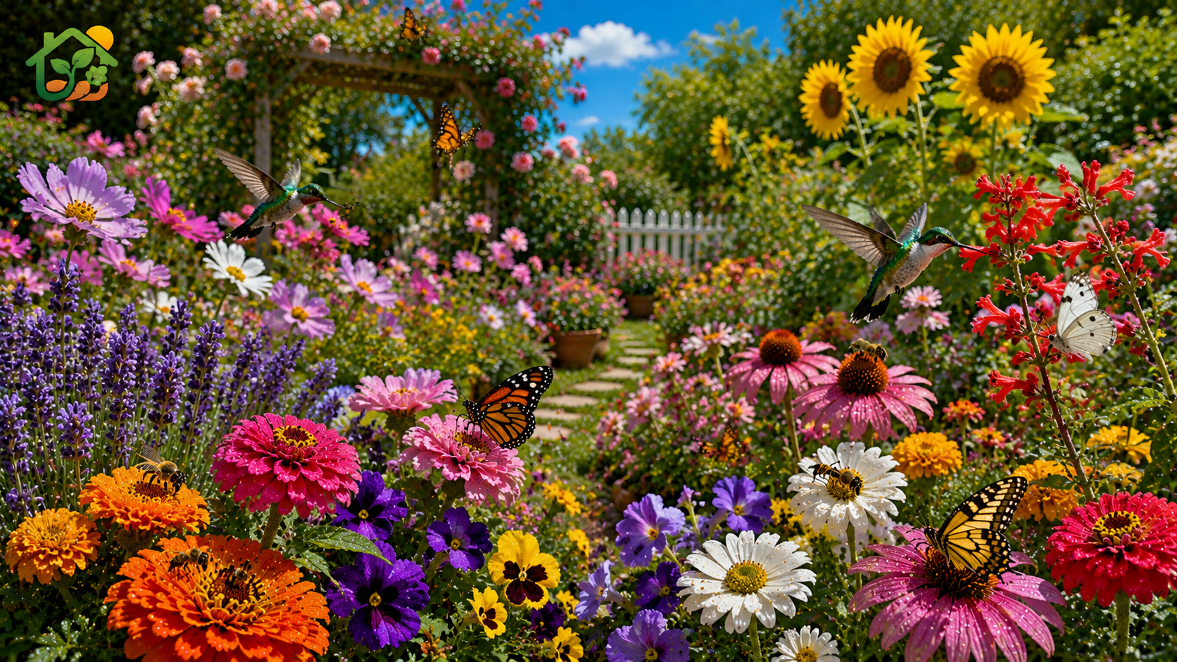 Jardín con flores coloridas donde abejas, mariposas y colibríes se alimentan del néctar en un entorno natural y armonioso.
