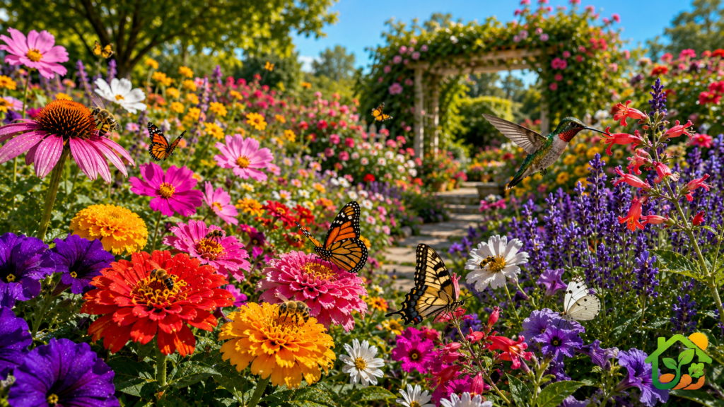 Flores de diferentes colores rodeadas de abejas, mariposas y un colibrí alimentándose del néctar en un jardín lleno de vida.