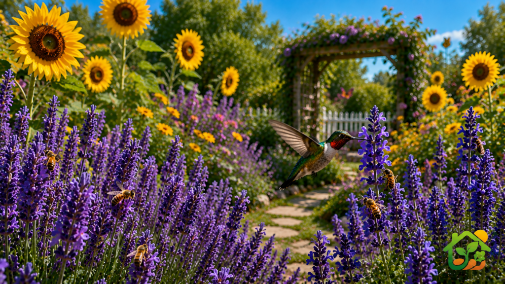 Lavandas, girasoles y salvias floreciendo mientras abejas y un colibrí se alimentan del néctar en un jardín colorido y natural.
