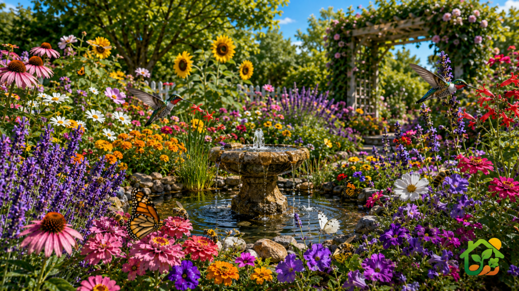 Jardín ecológico con flores variadas, una pequeña fuente de agua y abejas, mariposas y colibríes disfrutando del entorno natural.