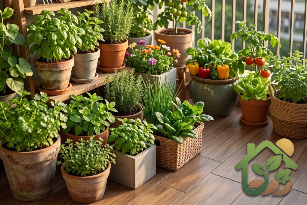 Balcón con varias macetas llenas de plantas saludables y bien cuidadas ideal para crear una huerta en casa.
