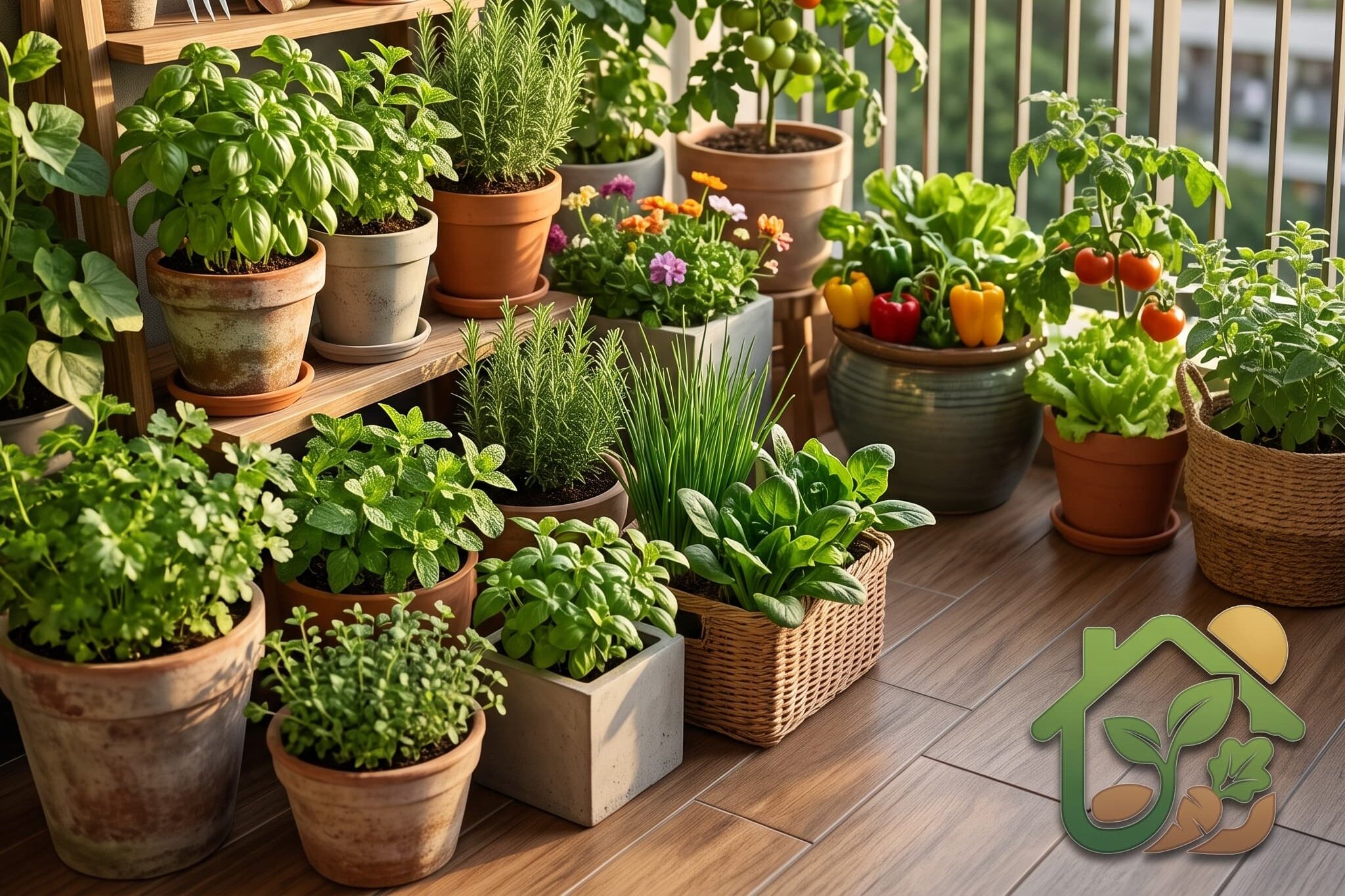 Balcón con varias macetas llenas de plantas saludables y bien cuidadas ideal para crear una huerta en casa.