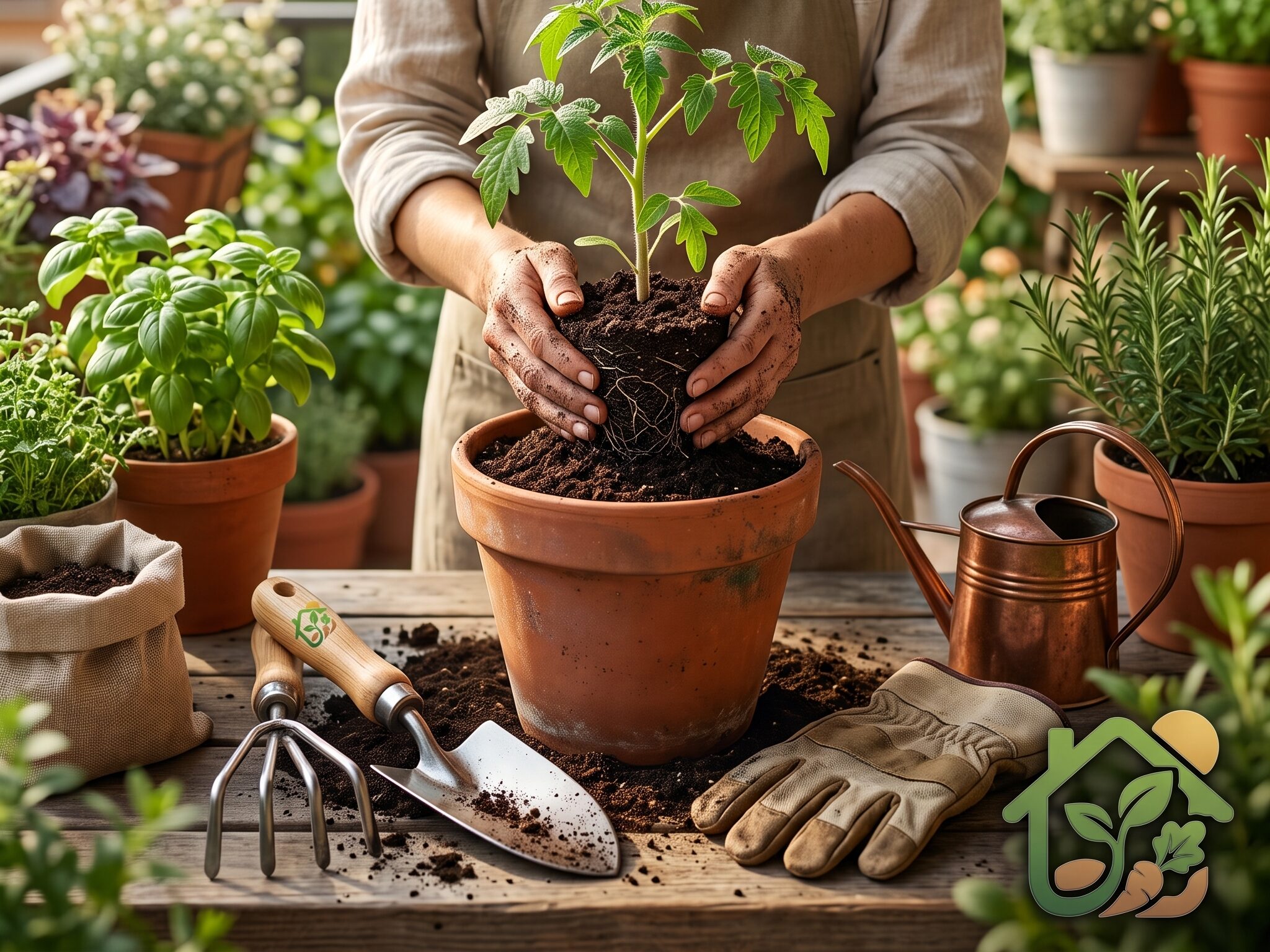 Persona sembrando una planta pequeña en una maceta con tierra fresca y herramientas básicas de jardinería en casa.