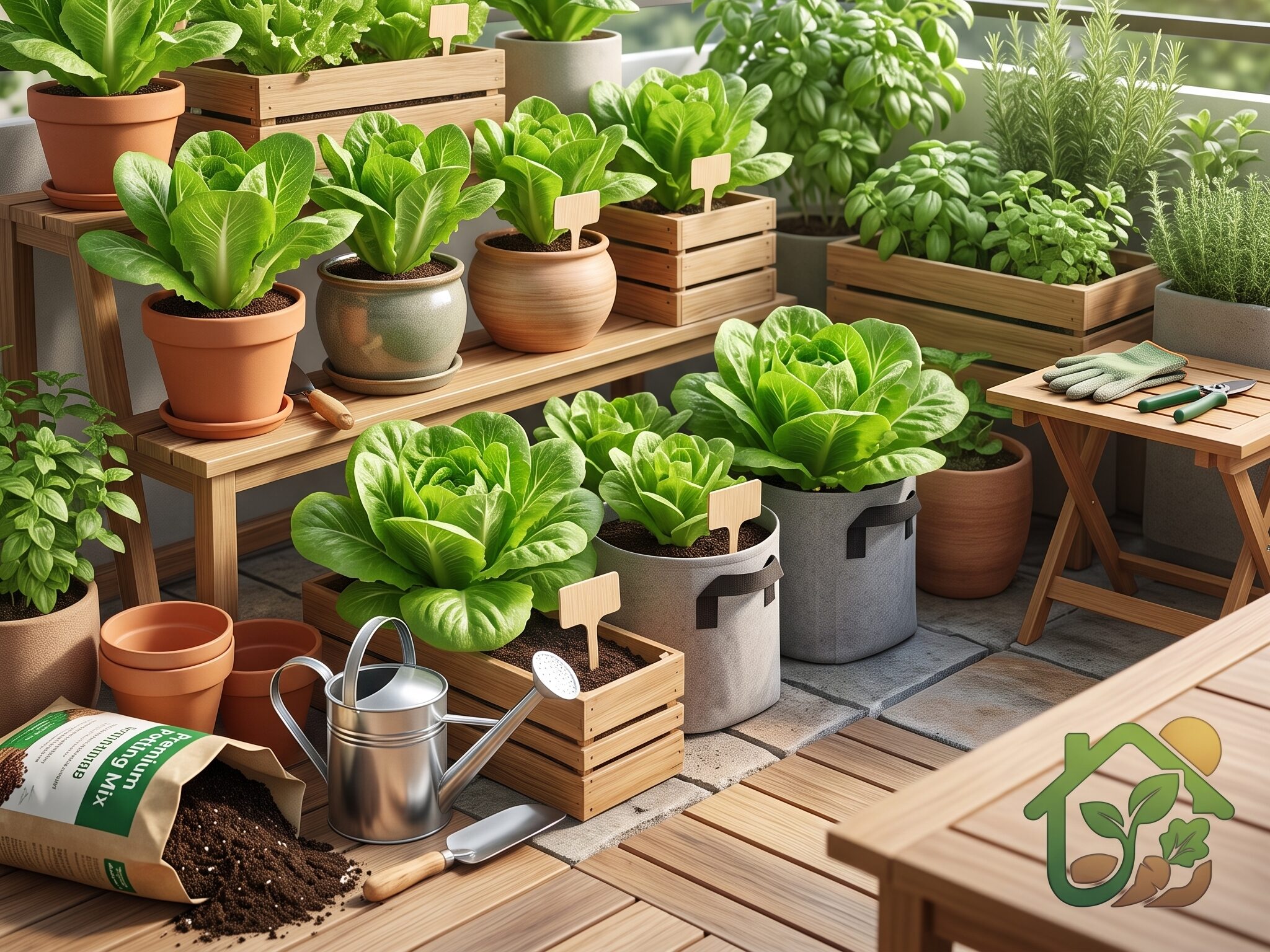 Varias plantas de lechuga saludables creciendo en macetas sobre una terraza con abundante luz natural y ambiente de huerta urbana.
