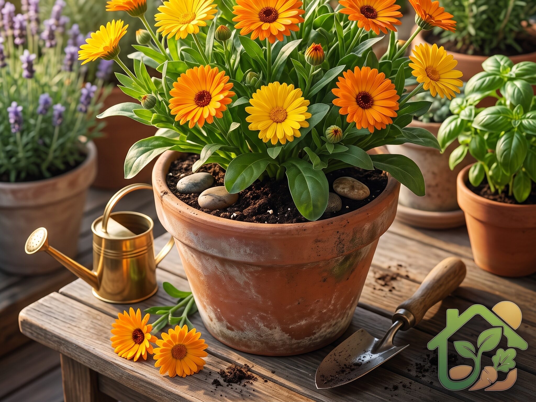 Maceta con flores de caléndula de color naranja y amarillo en plena floración sobre una terraza con luz natural.