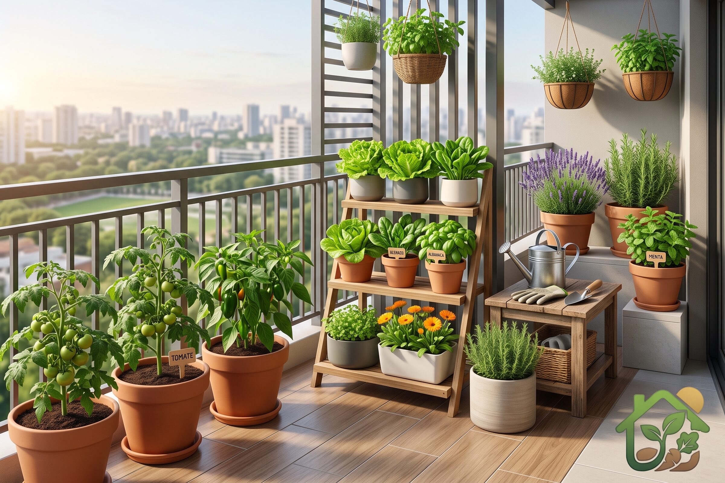 Macetas con diferentes plantas organizadas en un balcón soleado según los distintos niveles de iluminación natural para una huerta urbana.