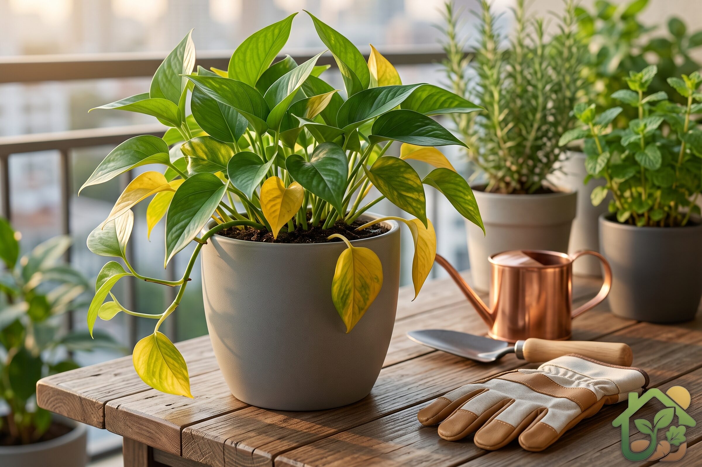 Planta en maceta con hojas verdes saludables y algunas hojas amarillas que muestran los primeros síntomas de exceso de riego.