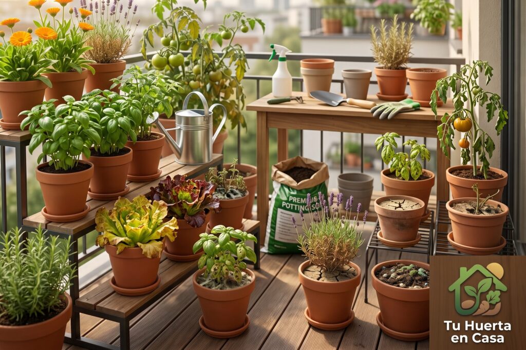 Varias plantas en macetas donde algunas están saludables y otras presentan hojas amarillas, marchitas y signos de un mal cuidado.
