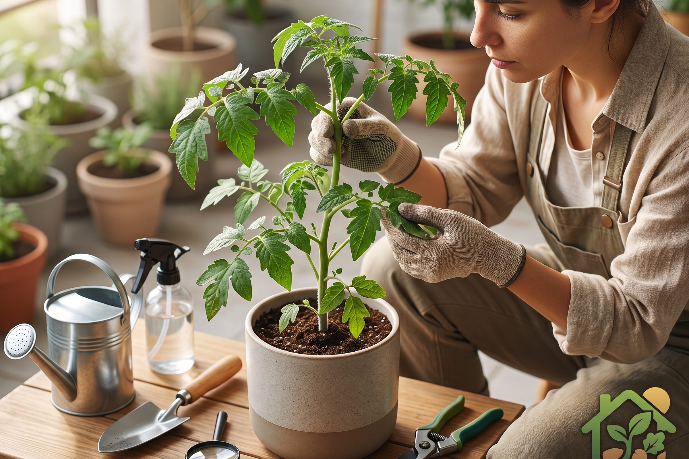 Persona observando cuidadosamente las hojas y los tallos de una planta en maceta para detectar posibles plagas, enfermedades o deficiencias.
