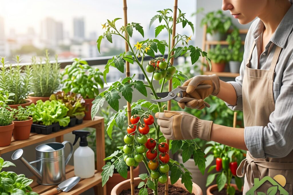 Persona podando una planta de tomate con unas tijeras de poda limpias en un huerto urbano saludable.