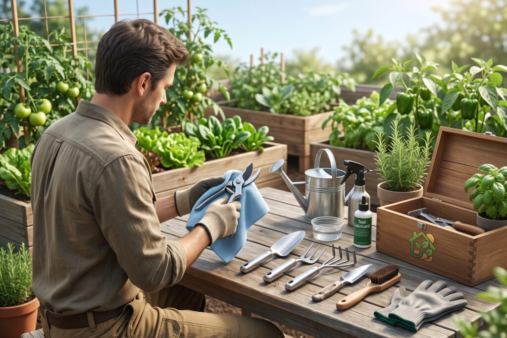 Persona limpiando y secando herramientas de jardinería antes de guardarlas en un huerto casero.